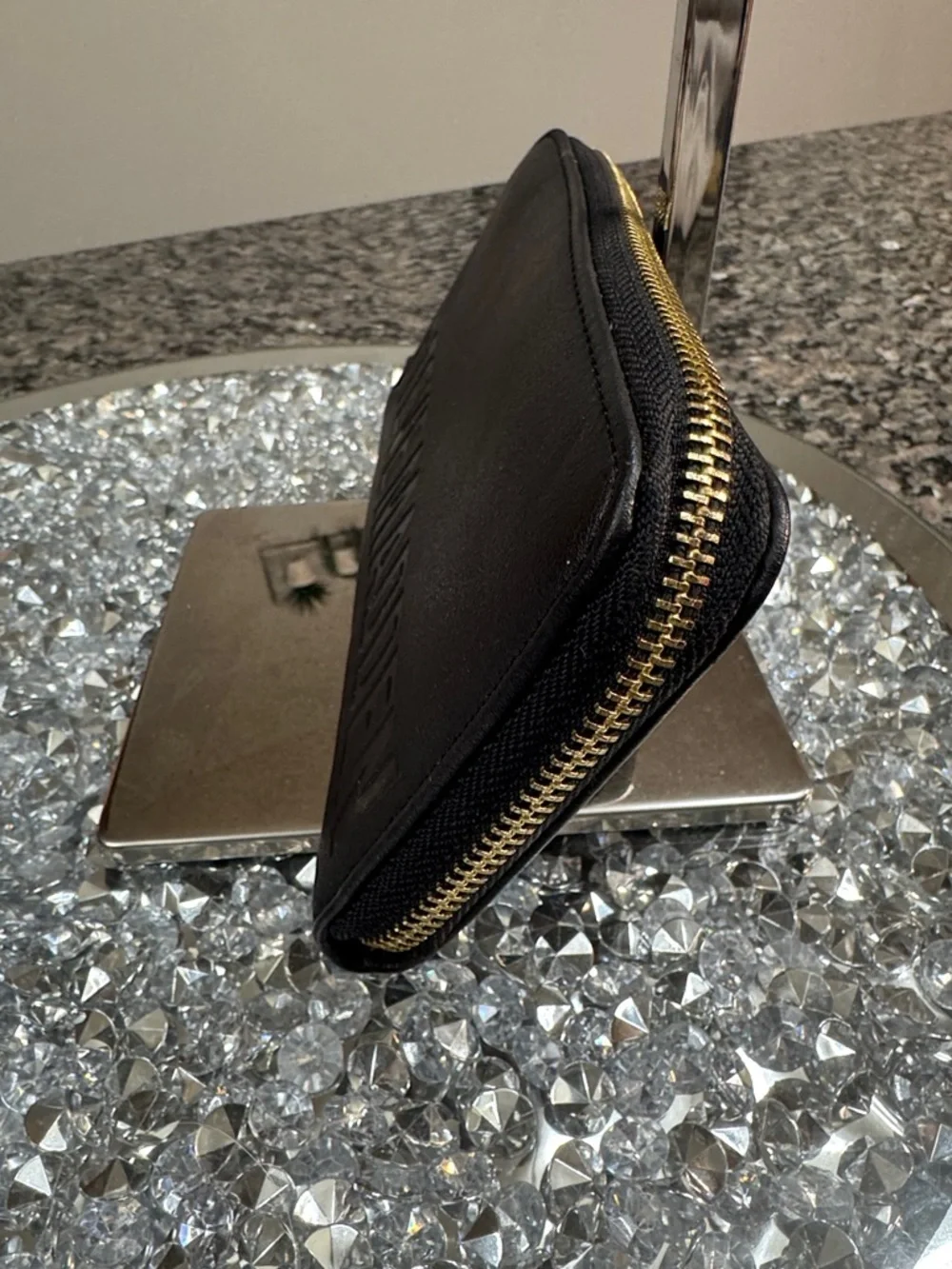 Steve Madden Black Embossed Zip Wallet with Gold Hardware 8x4 NWOT